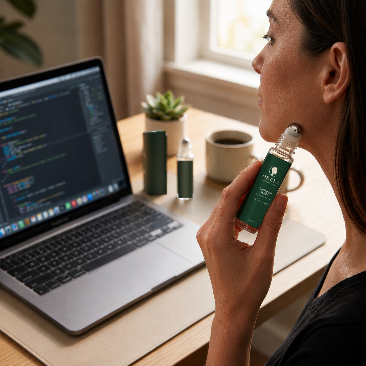 Rolling the roll-on along the jaw at a desk